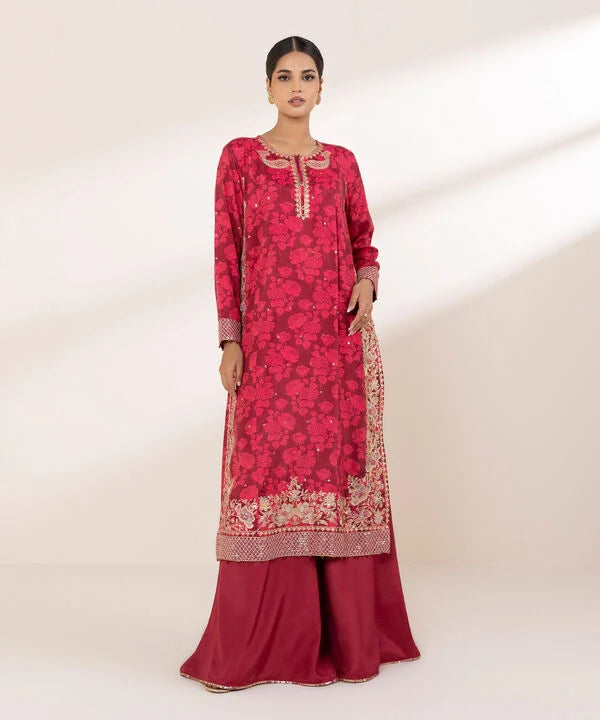 2 Piece - Embroidered Raw Silk Suit