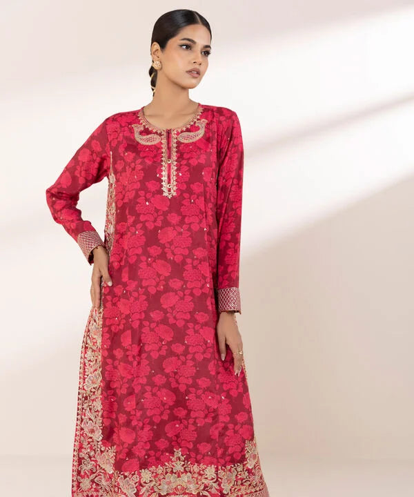 2 Piece - Embroidered Raw Silk Suit