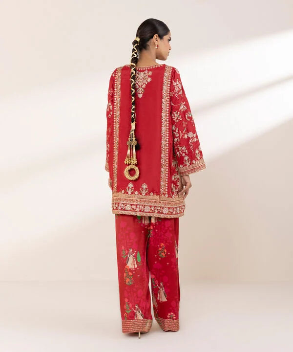 2 Piece - Embroidered Raw Silk Suit