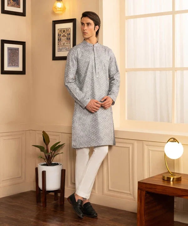 Schiffli Embroidered Cotton Kurta - Slim Fit