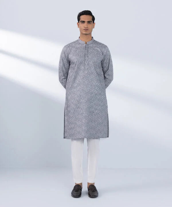 Schiffli Embroidered Cotton Kurta - Slim Fit