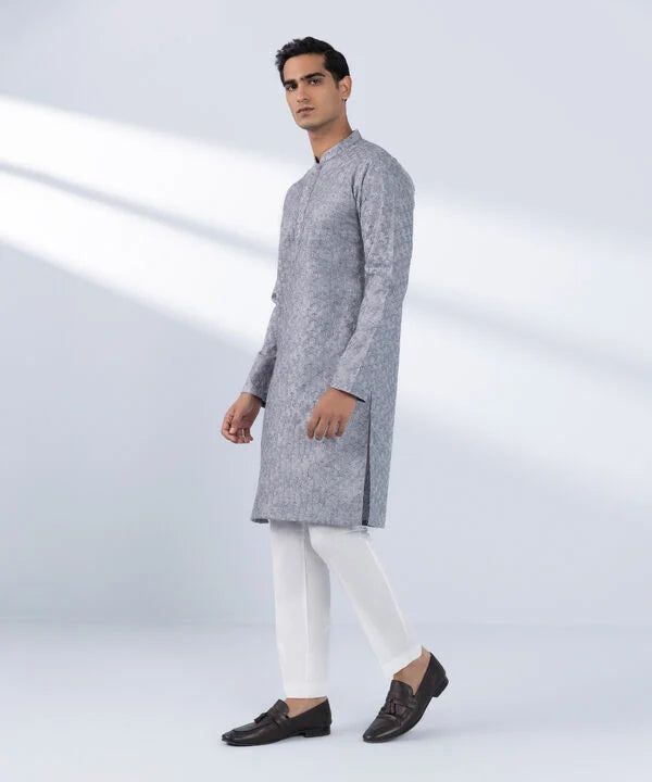 Schiffli Embroidered Cotton Kurta - Slim Fit