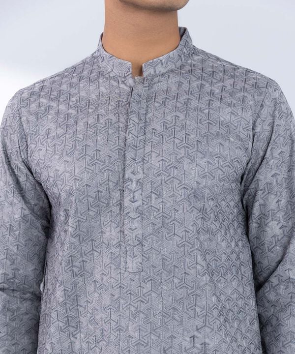 Schiffli Embroidered Cotton Kurta - Slim Fit