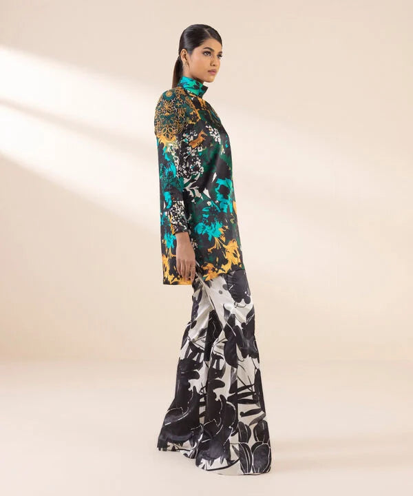 2 Piece - Embroidered Satin Suit