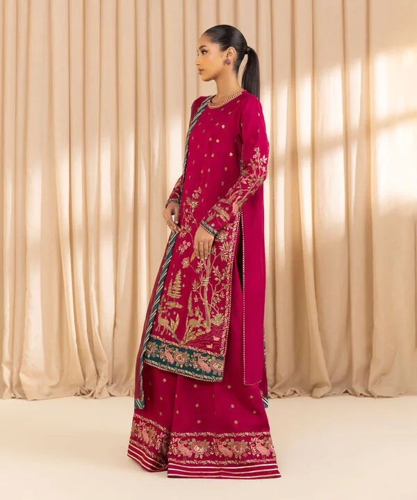 3 Piece - Embroidered Raw Silk Suit