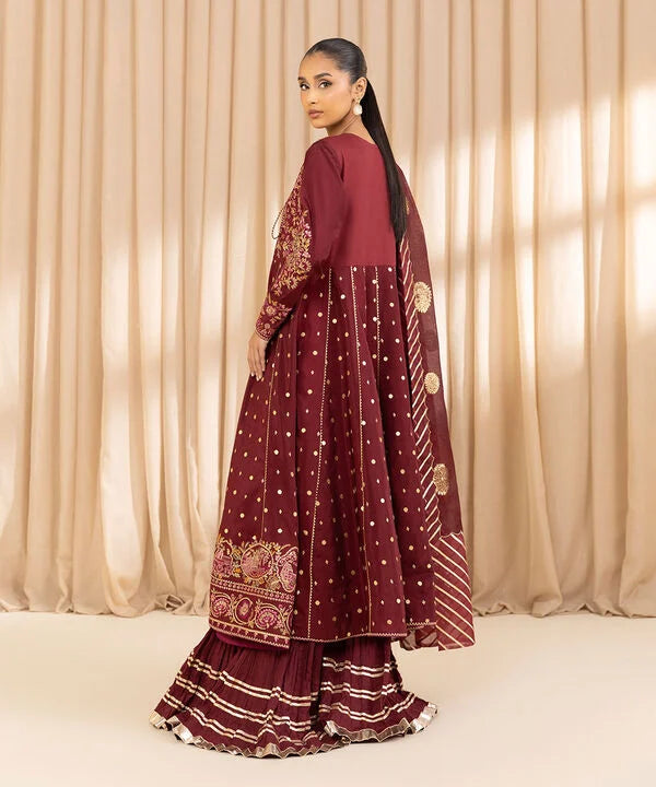 3 Piece - Embroidered Raw Silk Suit