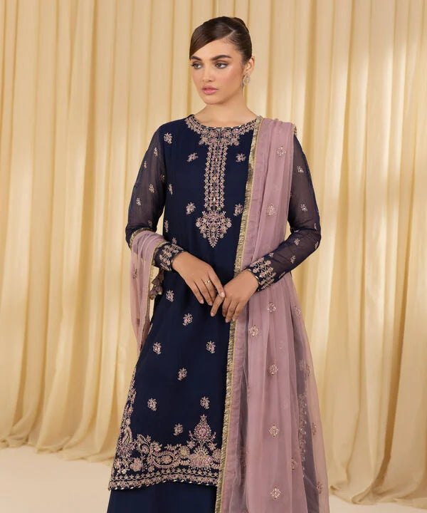3 Piece - Embroidered Blended Net Suit