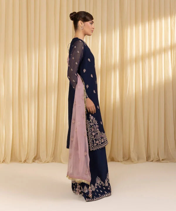 3 Piece - Embroidered Blended Net Suit