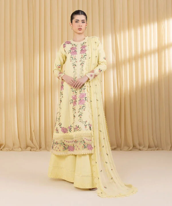 3 Piece - Embroidered Cotton Satin Suit