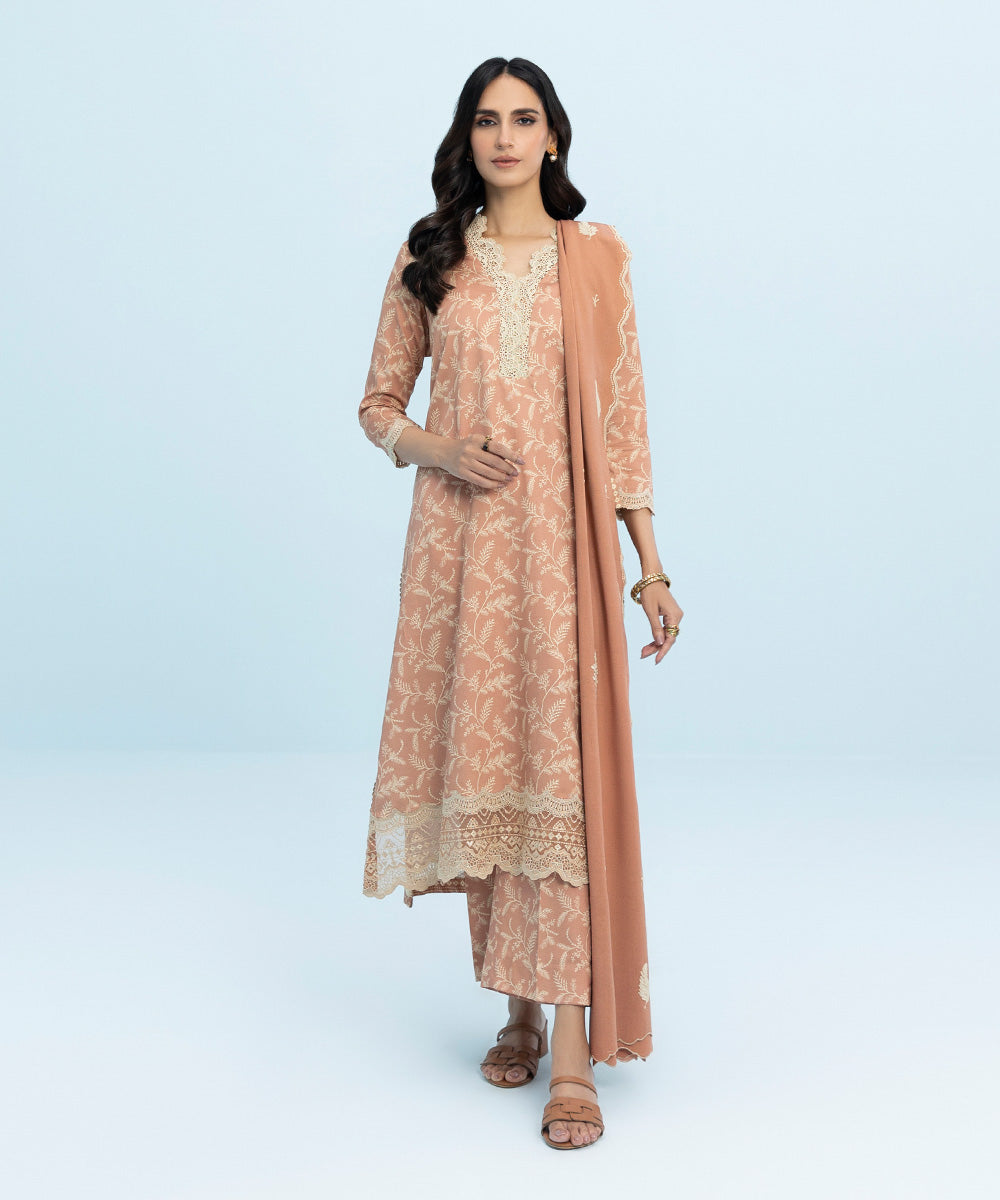 3 Piece - Embroidered Cotton Satin Suit