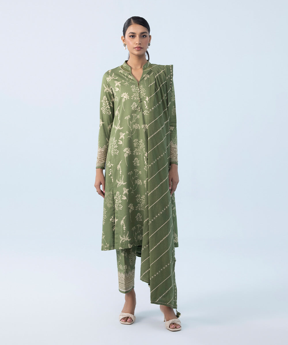 3 Piece - Embroidered Cotton Satin Suit