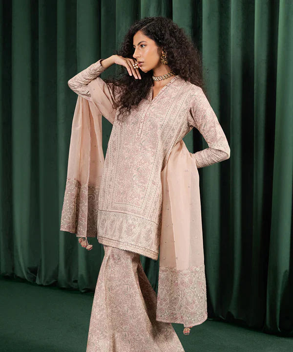 3 Piece - Embroidered Cotton Satin Suit
