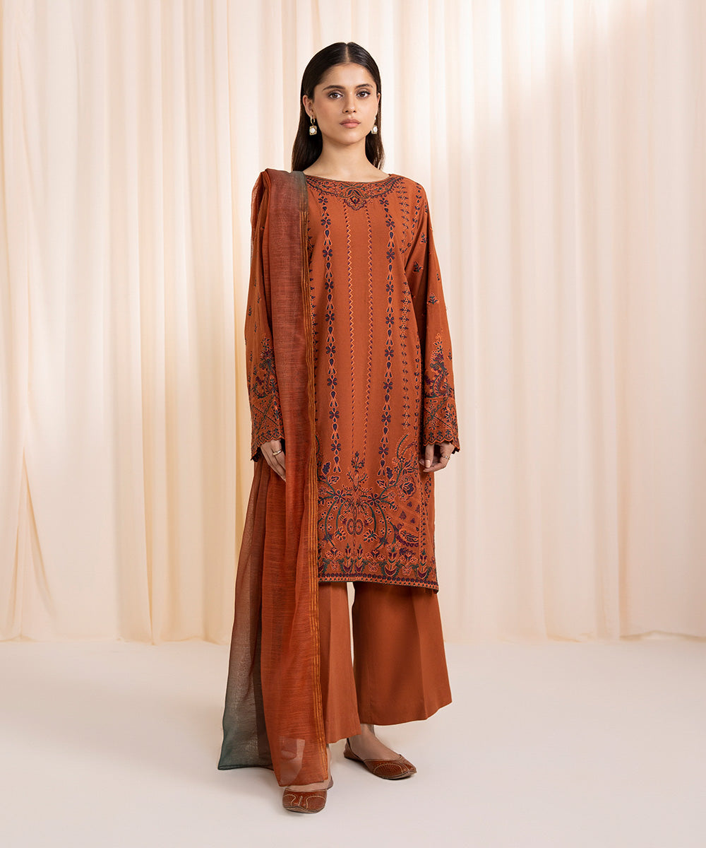 3 Piece - Embroidered Cotton Karandi Suit
