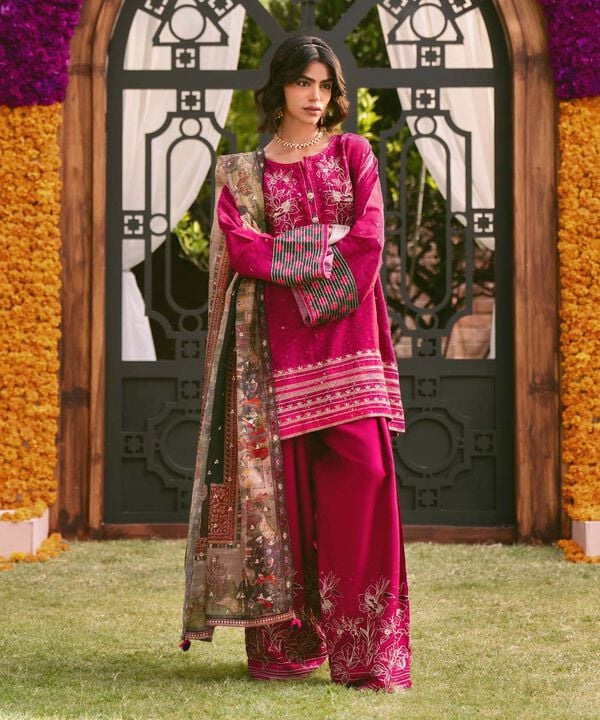 3 Piece - Embroidered Raw Silk Suit