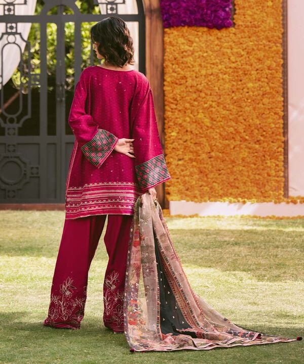 3 Piece - Embroidered Raw Silk Suit
