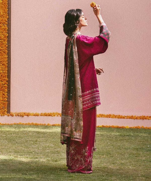 3 Piece - Embroidered Raw Silk Suit