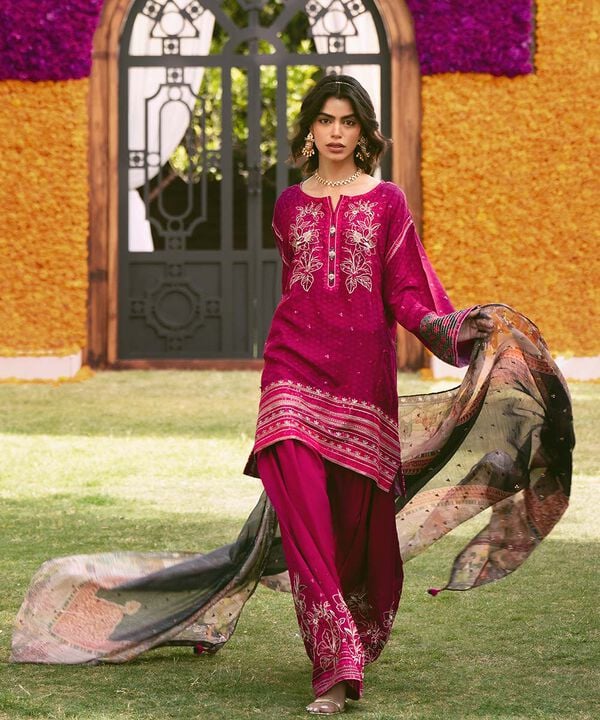 3 Piece - Embroidered Raw Silk Suit