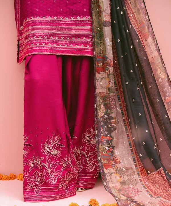 3 Piece - Embroidered Raw Silk Suit