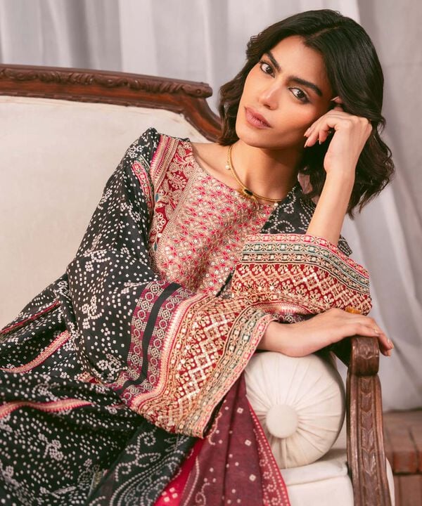 3 Piece - Embroidered Raw Silk Suit