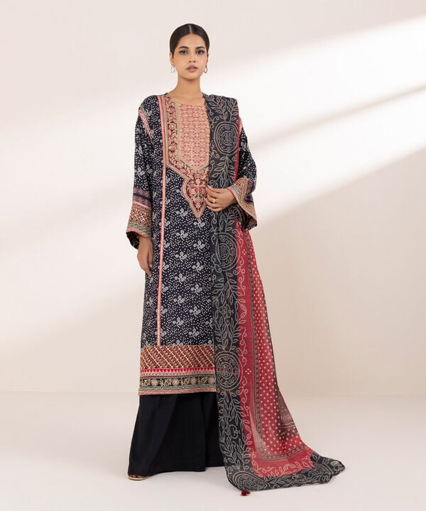 3 Piece - Embroidered Raw Silk Suit