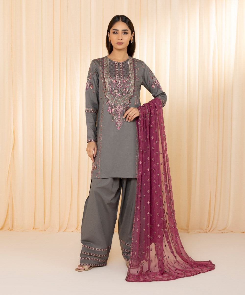 3 Piece - Embroidered Cotton Satin Suit