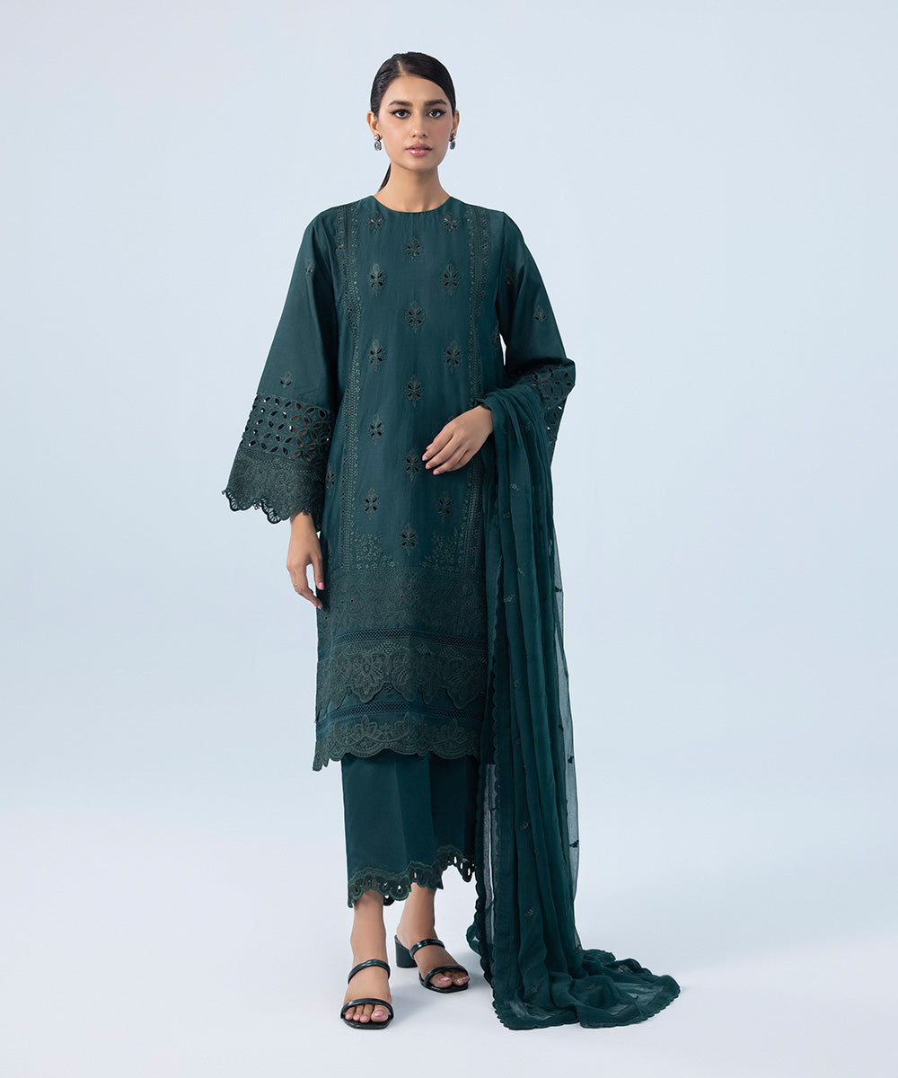 3 Piece - Embroidered Cotton Satin Suit