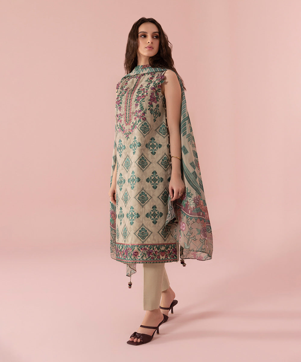 3 Piece - Embroidered Cotton Jacquard Suit