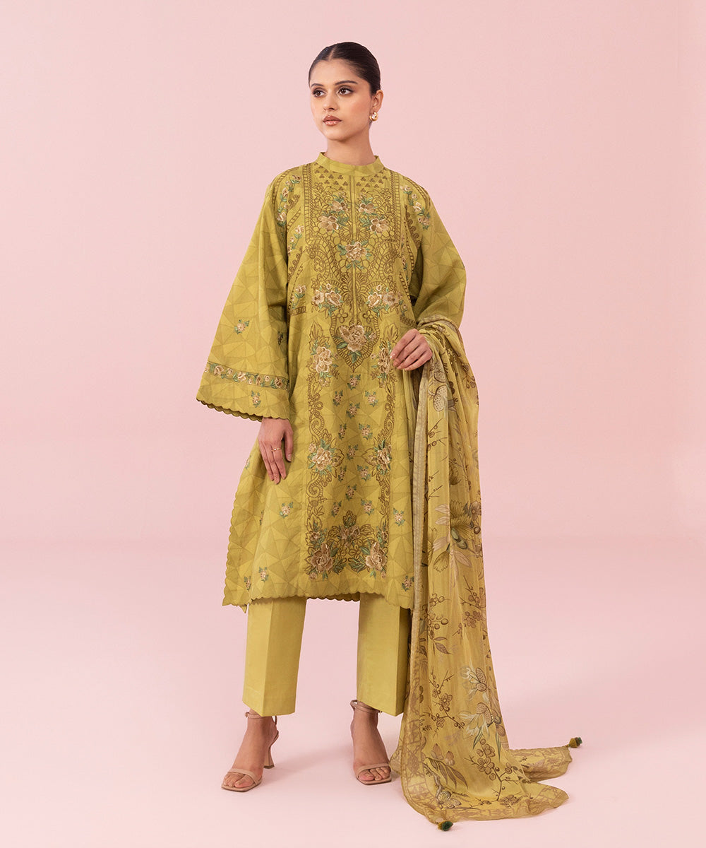 3 Piece - Embroidered Cotton Jacquard Suit