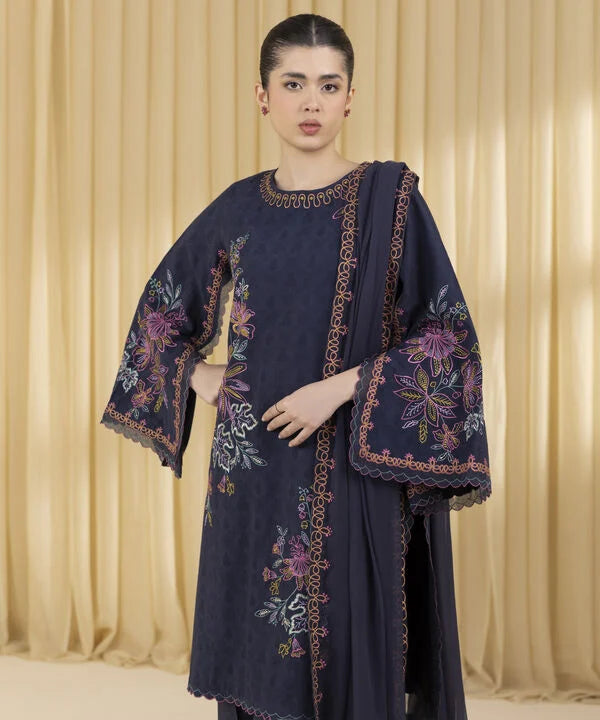 3 Piece - Embroidered Cotton Jacquard Suit