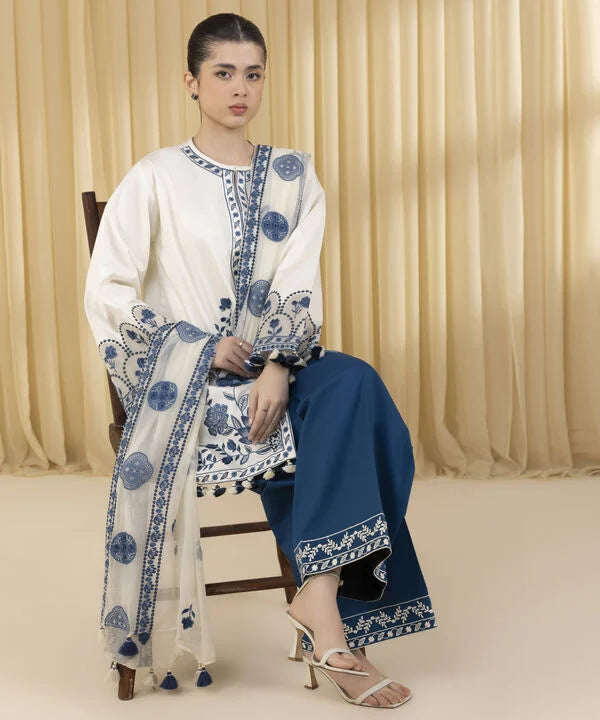 3 Piece - Embroidered Cotton Satin Suit